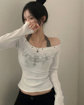 스텔라 실버 스터드 레이어드 홀터 골지긴팔 배색티셔츠