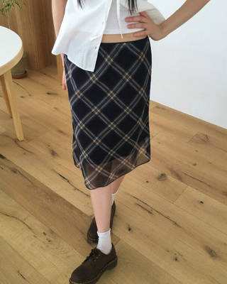 チェックシフォンレースリボンミディスカート