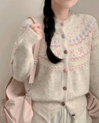 (귀요미) 핑크 캔디 코위찬 노르딕 패턴 겨울 니트 가디건 가을 가을옷 겨울옷 긴팔 아우터 (2color)