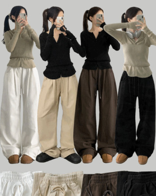 3XL어텀 피치 가공 핀턱 루즈 와이드핏 밴딩 면팬츠