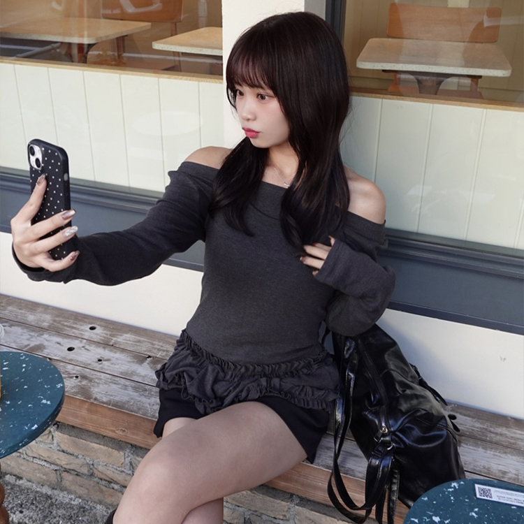 ビスチェSET】オフショルダーフリルTシャツ｜長袖Tシャツ｜韓国
