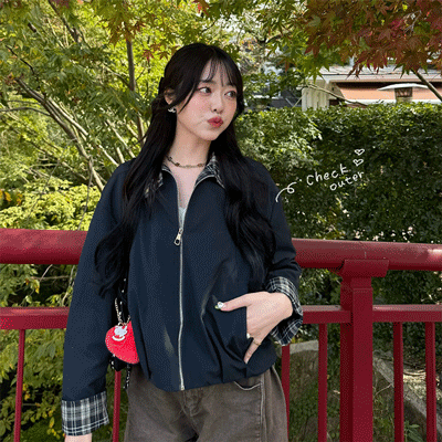 2WAY配色刺繍クロップフードジップアップ｜ジャンパー｜韓国