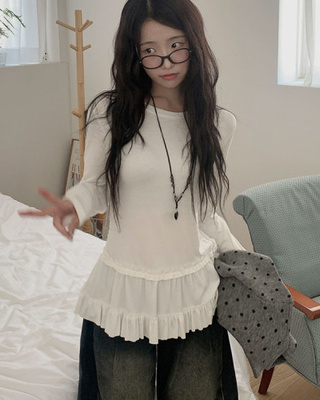 레아틴 밑단 프릴 실키 긴팔 티셔츠