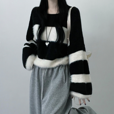 ワンストライプファークロップニット