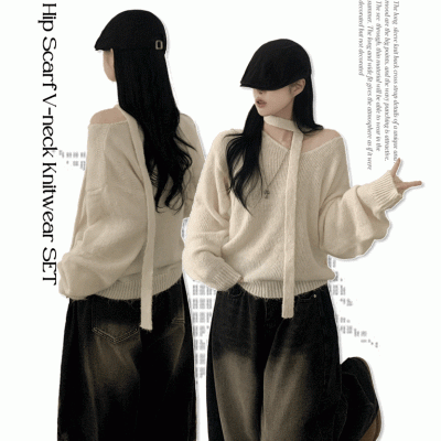 【マフラー付き】アンゴラVネックニット