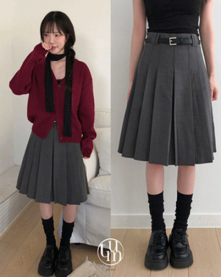 【ベルト付き】プリーツAラインミディスカート