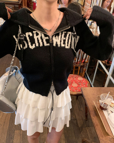 ☆ Stone  ☆ ニット ジップアップ ジャンパー ラインストーンニットフードジップアップ｜ジャンパー｜韓国