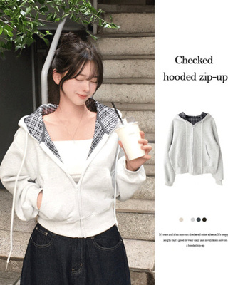 넌트 체크 배색 후드 겉기모 아방 크롭 후드 집업
