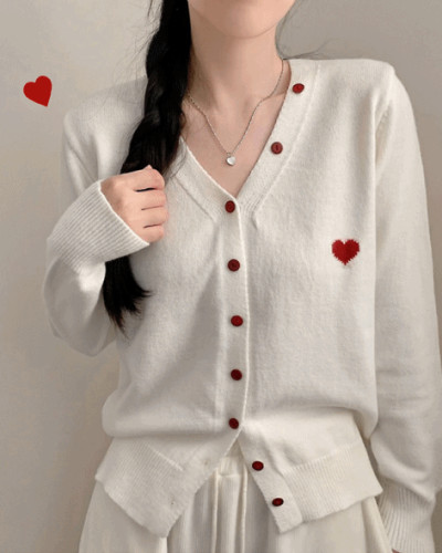 레드 하트 포인트 긴팔 브이넥 니트 가디건