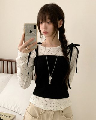 【SET】リボンビスチェ ドットラウンド長袖Tシャツ