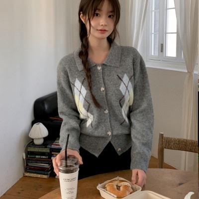 アーガイルチェックウールニットカーディガン  