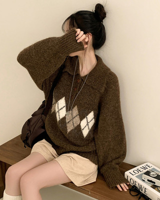 アーガイルボタンオーバーフィットニット