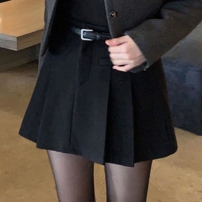 厚手ウールAラインプリーツミニスカートパンツ