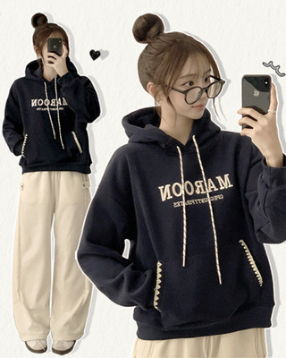 한겨울까지 따뜻한 가을 긴팔 자수 레터링 기모 후드티 겨울 스트링 루즈핏 포켓 맨투맨 데일리 상의