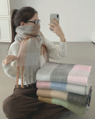 ビッグサイズチェックタッセルマフラー(5color)