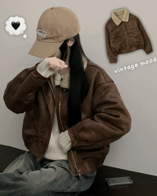 초코브라운스웨이드레더양털카라무스탕자켓점퍼