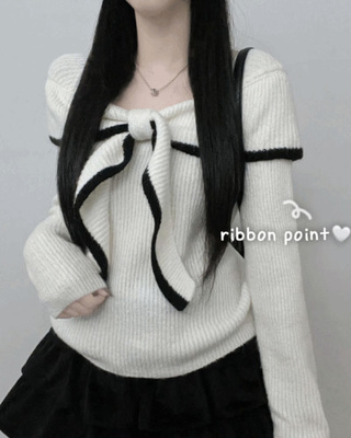 프릴배색리본오프숄더긴팔니트