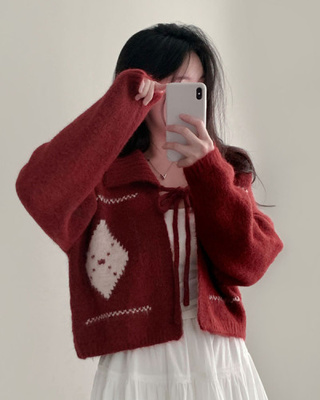 미리 크리스마스캐롤 다이아 울함유 리본 스트랩 세미크롭 볼레로 가디건