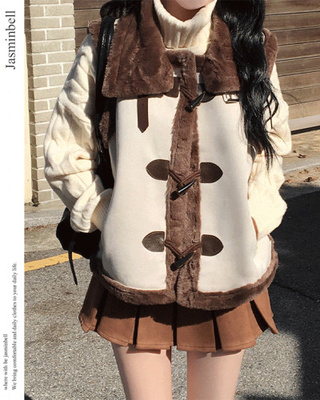 체스넛 스웨이드 퍼 하이넥 버클 떡볶이 무스탕 베스트 조끼