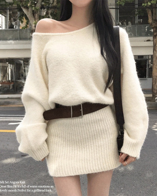 유앤 벨트 세트 앙고라 긴팔 미니 니트 원피스