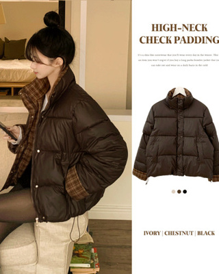 チェックバイカラーハイネックショートダウン