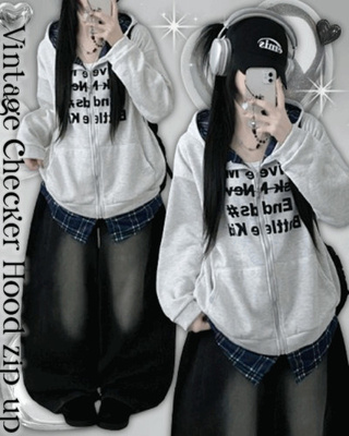 레터링체크셔츠레이어드투웨이박스핏기모후드집업