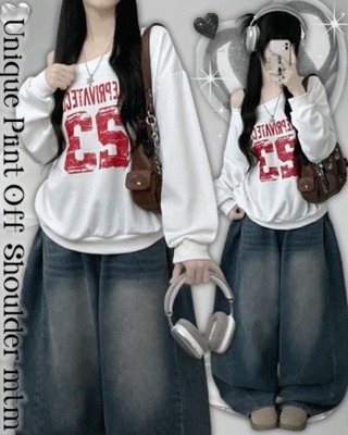 기모추가23레터링프린팅오프숄더오버핏긴팔맨투맨티셔츠