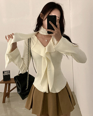 [연말룩강추/허얇골넓!] 아펠 러플 머플러 set 트임 골지 니트