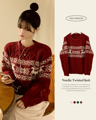 눈꽃 노르딕 꽈배기 케이블 라운드 루즈핏 크리스마스 레드 니트