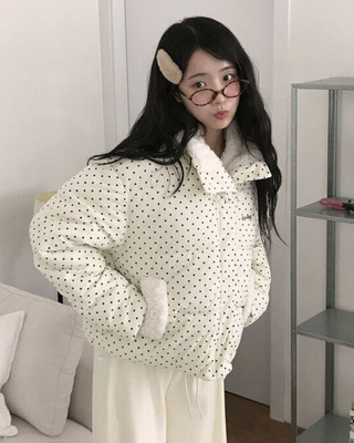 땡땡이도트겨울대비 하라 도트 양털 코듀로이 카라 크롭 아방핏 숏 패딩
