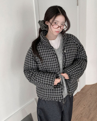 [웰론빵빵/빈티지체크] 타키 체크 웰론 충전재 하이넥 집업 버튼 숏패딩