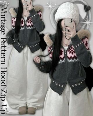 실론눈꽃노르딕패턴루즈핏후드퍼니트집업