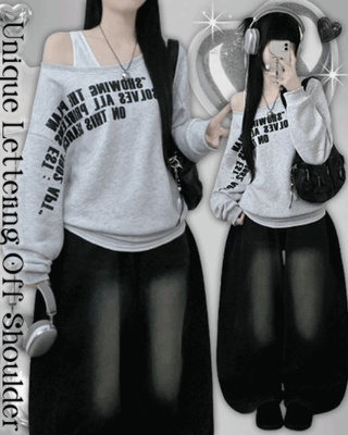 쇼잉레터링프린팅원오프숄더긴팔기모맨투맨