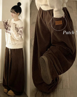 코듀로이 핀턱 밴딩 스트링 와이드 트레이닝 롱팬츠