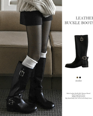 レザーバックルベルトウエスタンロングブーツ