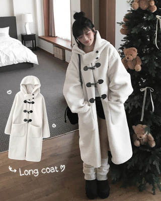 레포 양털 뽀글이 버클 후드 떡볶이 롱 무스탕 코트