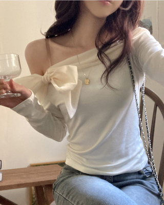베이비 쉬폰 리본 오프숄더 탑 긴팔 티셔츠