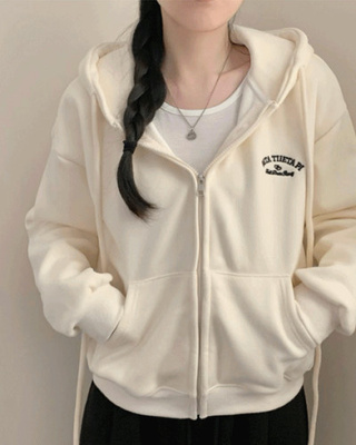 태이 자수 레터링 기모 후드 집업