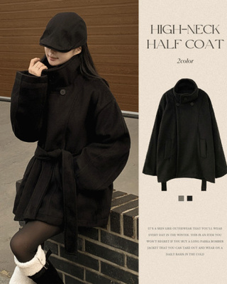 연말룩추천하이넥 단추 허리벨트끈 누빔 하프 로브 반코트 박시핏 자켓