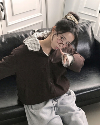 누빔안감 토키 하이넥 체크배색 누빔안감 루즈핏 후드 패딩