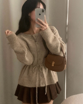 메리 리본 울 보트넥 스트링 루즈핏 니트가디건