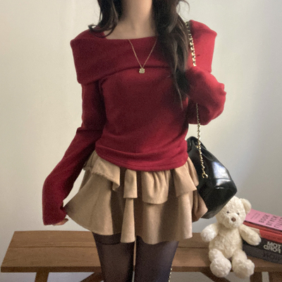 다이엔 포근 기모 오프 스퀘어넥 긴팔 티셔츠