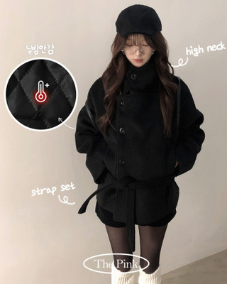 【ベルト付き】ハイネックストラップダブルウールコート