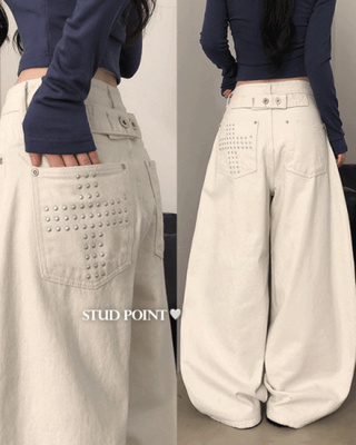 【起毛】ハイウエストスタッドバルーンワイドパンツ