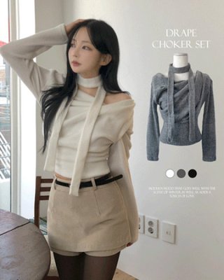 【タイ付き】ドレープオフショルダー長袖Ｔシャツ