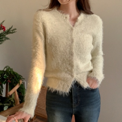 （きらめき一匙／ふんわり華奢見え♥／MDおすすめ）ラメ入り松葉糸ロングスリーブカーディガン