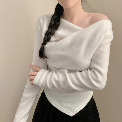 글램 원숄더 드레이프 셔링 크롭 긴팔티 긴팔 겨울옷 겨울 상의 연말룩 크리스마스