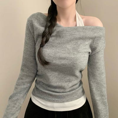 【起毛】ホルターオフドレープ長袖Tシャツ