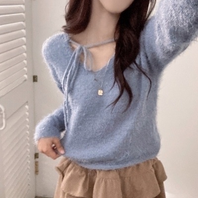 미미 초커 리본 끈 앙고라 솔잎 브이넥 니트