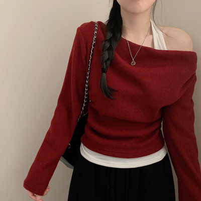 겨울 뮤지 홀터넥 레이어드 긴팔티 긴팔 원숄더 오프숄더 드레이프 일체형 겨울 겨울옷 연말룩 크리스마스